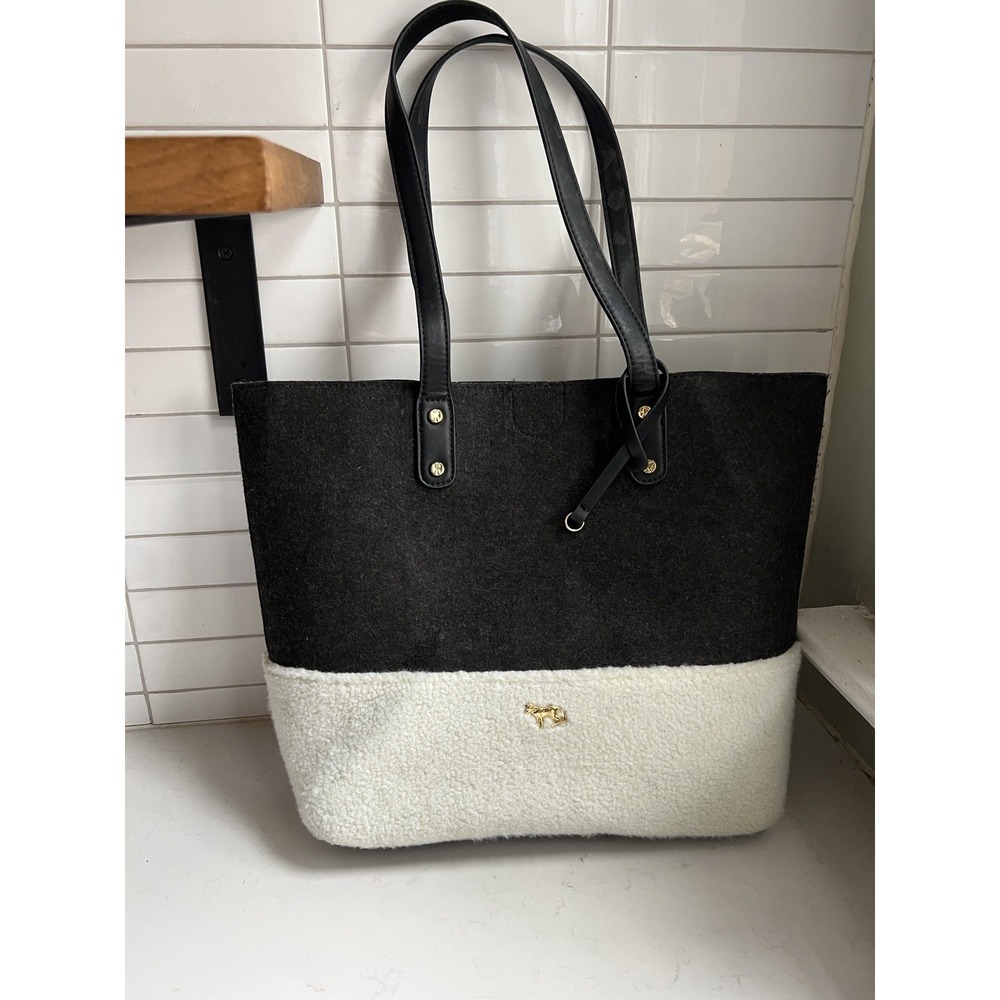 Emma Fox Caspian Shoulder Bag Tote Large Felt Sherpa Gray Cream Purse Trendy - Picture 2 of 9